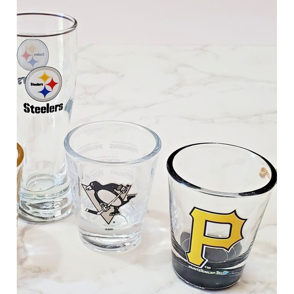 Vintage Shot Glass Lot 3 Pittsburgh Steelers Pirates Penguins Teams 2.5" & 4.5"